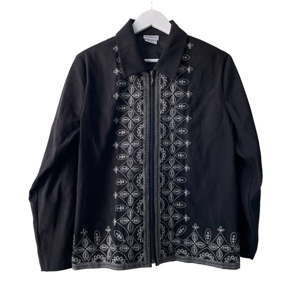 Bon Worth Black Long Sleeve White Floral Embroidery Zip Up Collared Jacket - MP - Picture 1 of 11